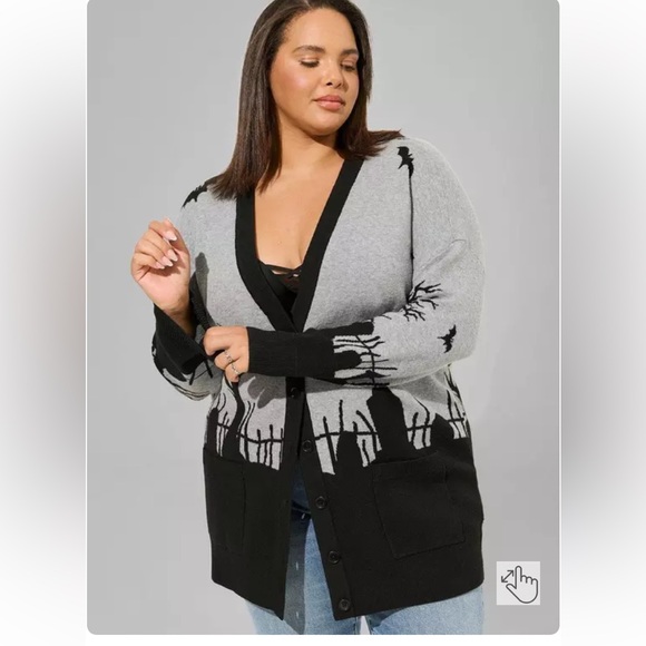 NWT TORRID Luxe Cozy Jacquard Boyfriend Cardigan 2X Cemetery Graveyard Halloween - Picture 2 of 7